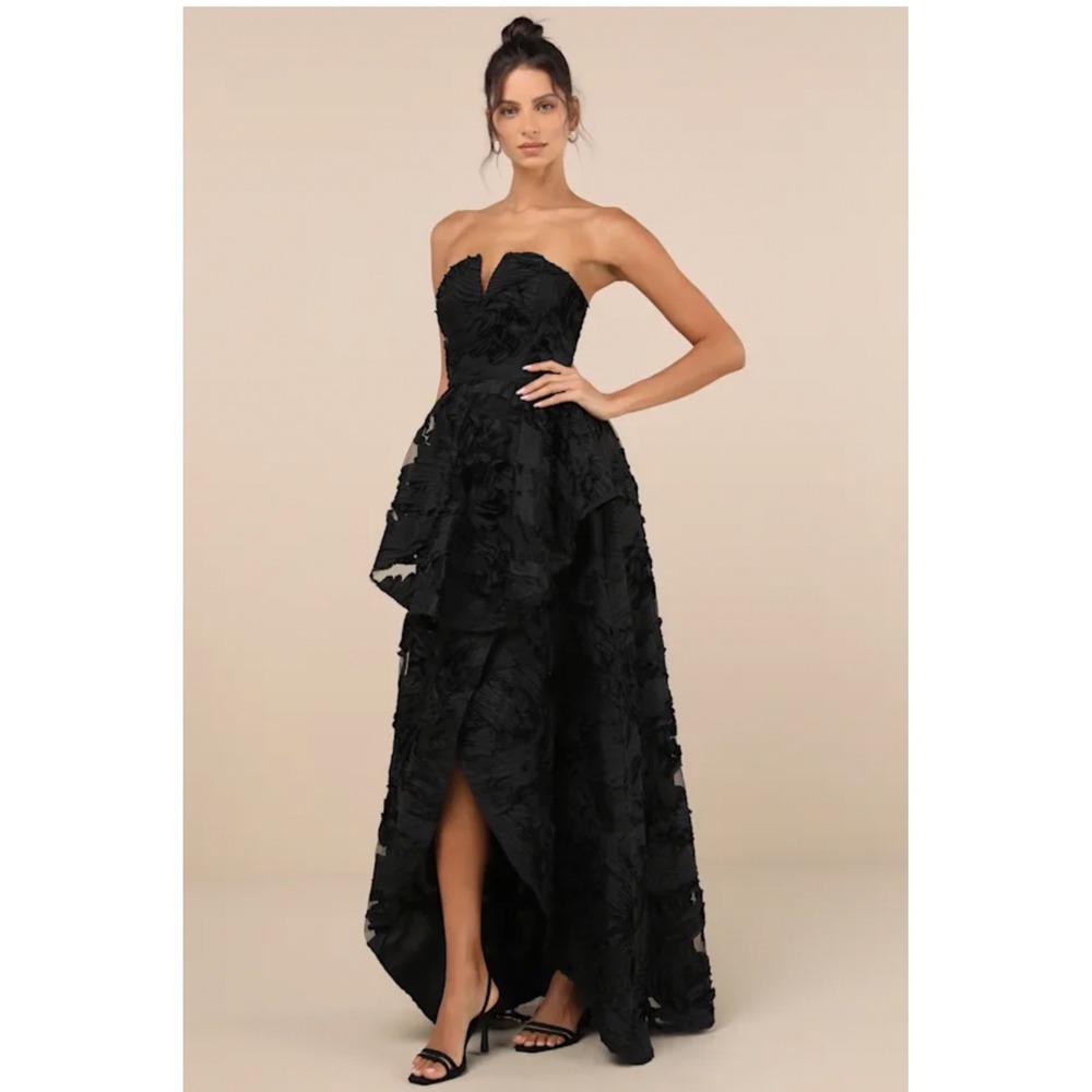 Lulus Majestic Glam Black Strapless Textured High-Low Maxi Dress Size Large